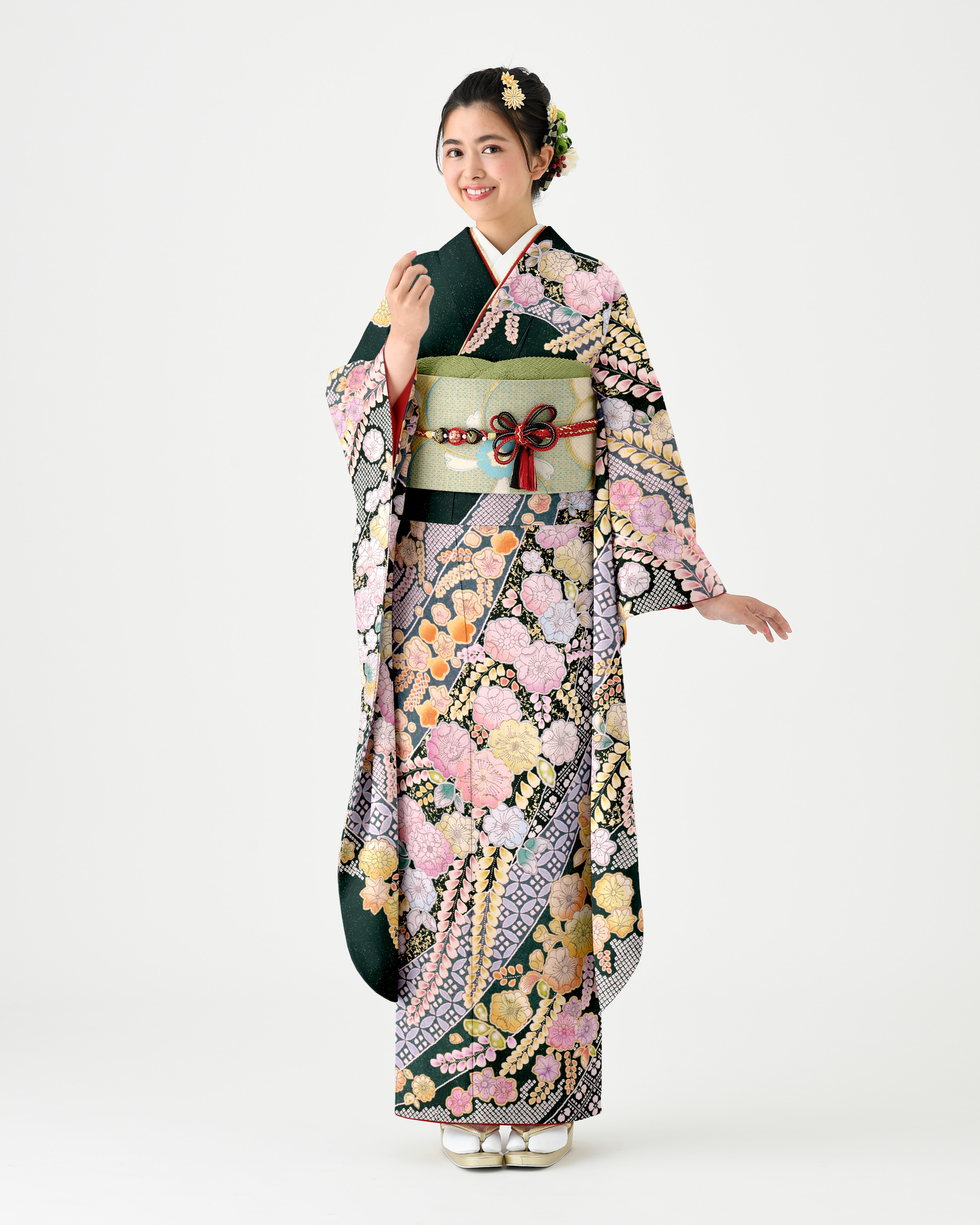 付け下げ 金彩 紋意匠 黒地 正絹 反物 