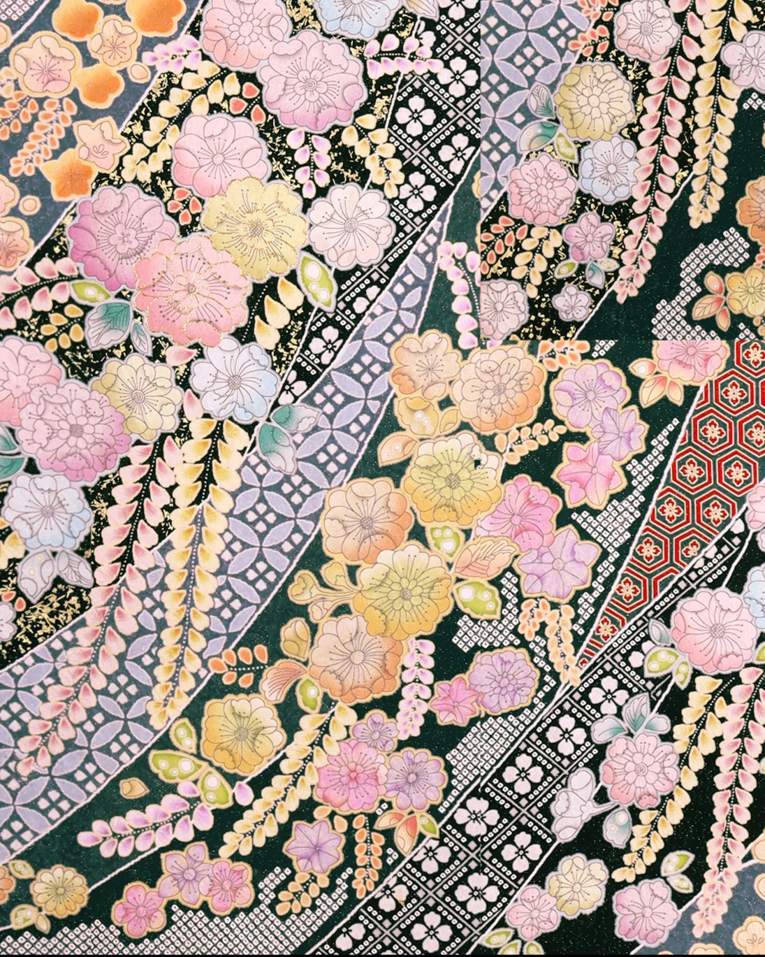 正絹付下げ反物68(薄紫色、風景と花柄) 白き 